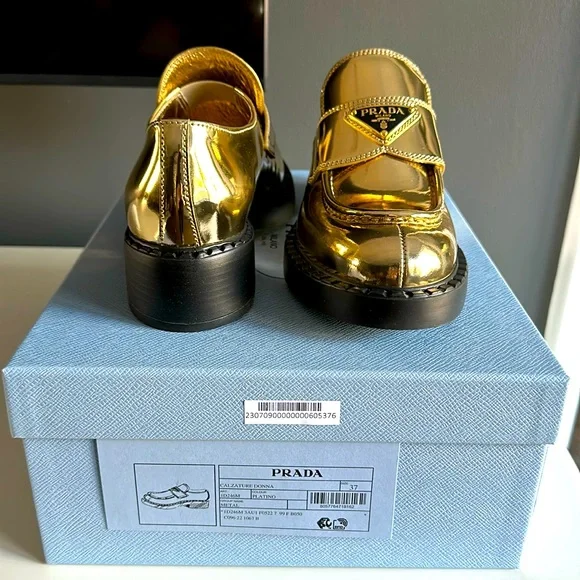 BRAND NEW never worn gold Prada loafers size 37! - Picture 1 of 7